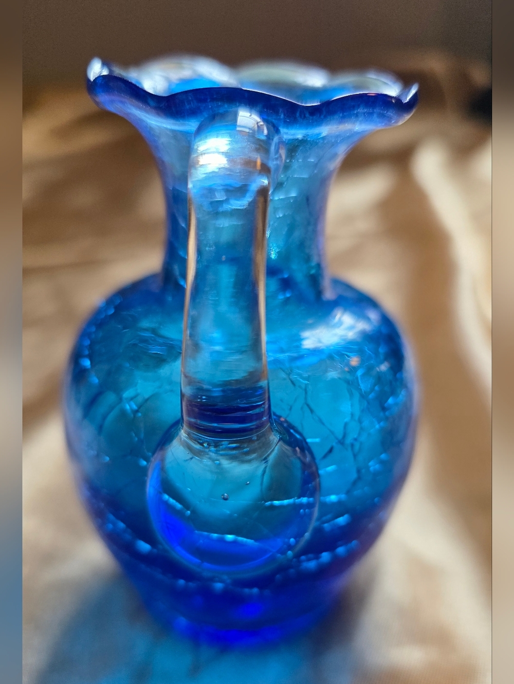 Small Vintage Hand-Blown Cobalt Blue Crackle Glass Pitcher Vase - Picture 9 of 10